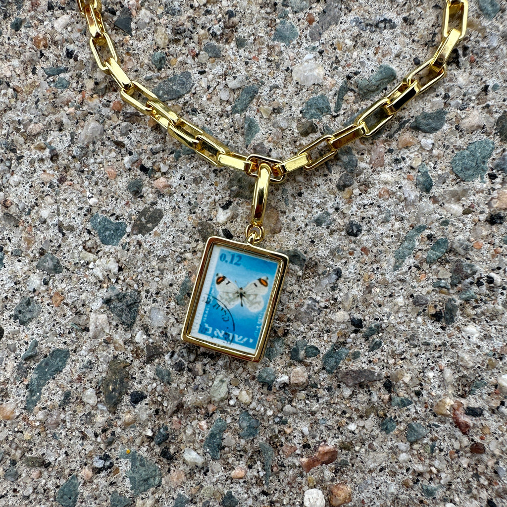 Butterfly Charm on Gold chain Vintage Israel Postage Stamp