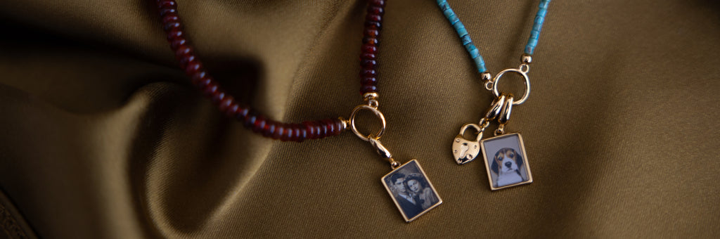 Stone Neckalce with Portrait Photo Charm of Couple and Dog