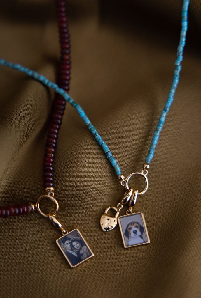 Stone Neckalce with Portrait Photo Charm of Couple and Dog