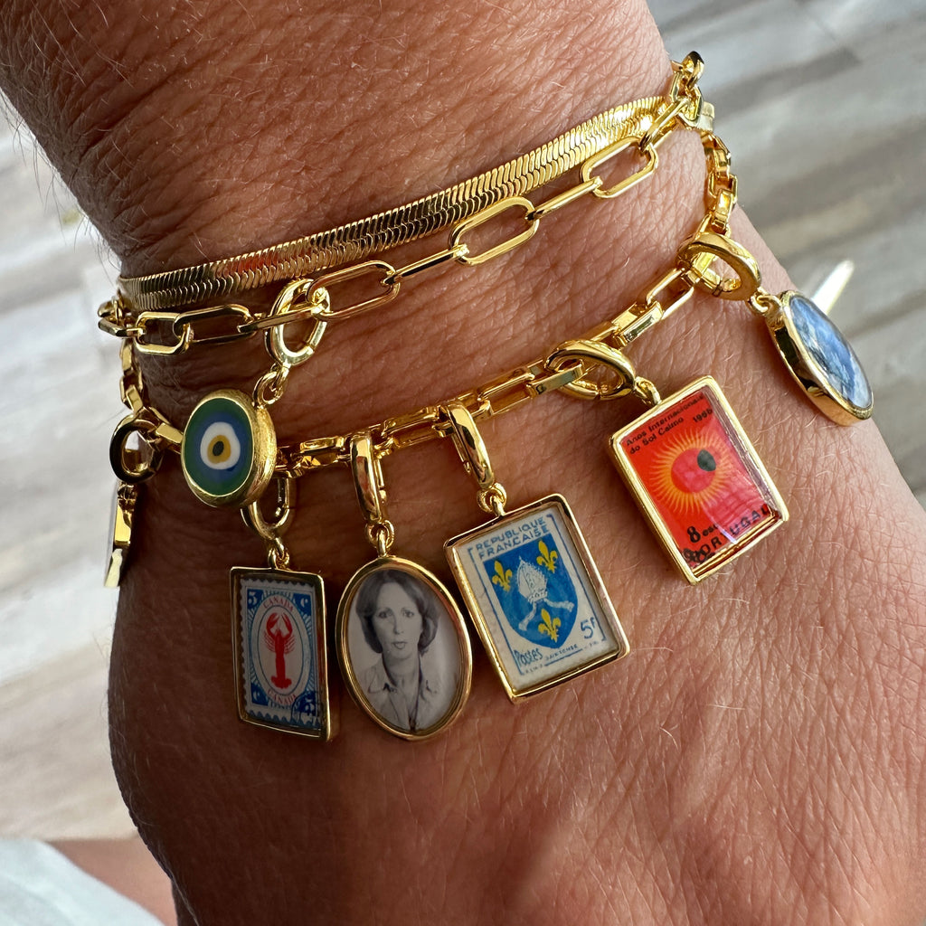 Gold Layered Charm Bracelet Set with Portrait and stamp charms