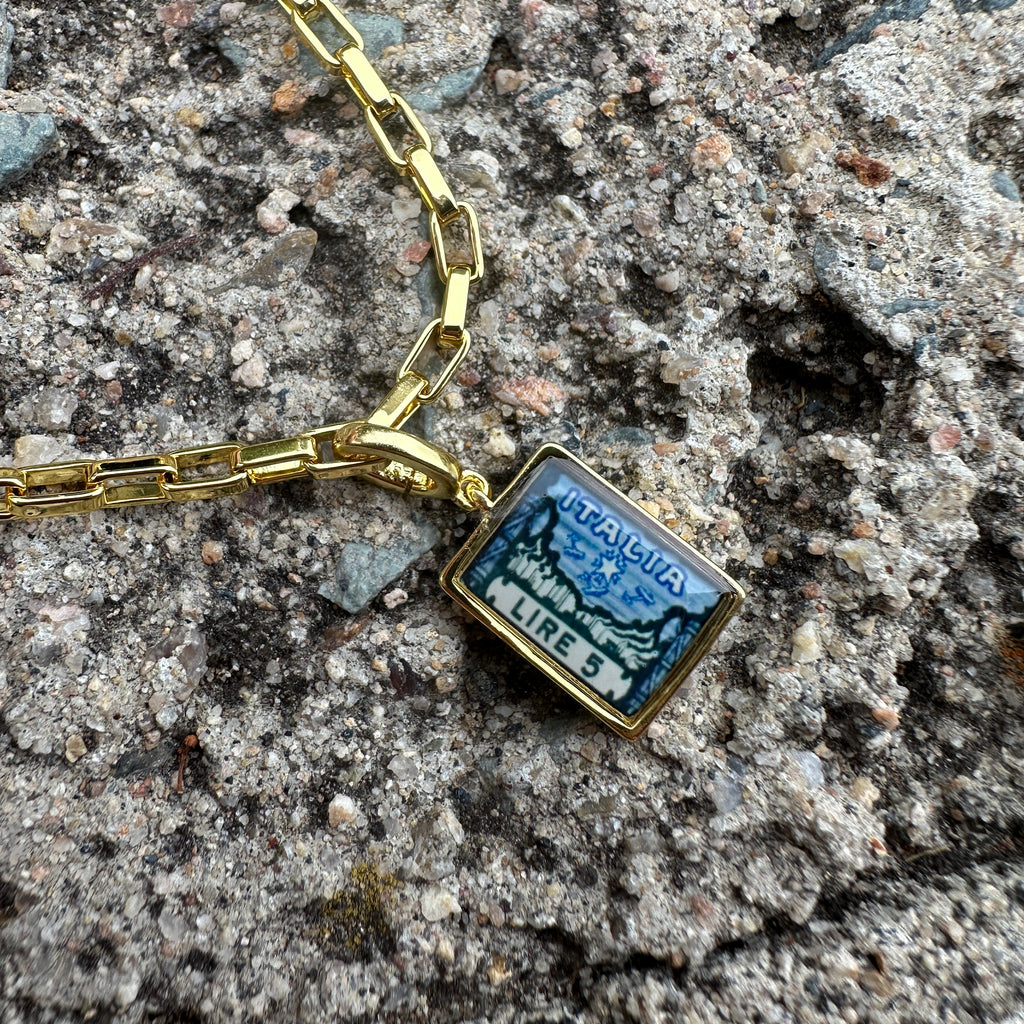 Gold Vintage Italy Postage Stamp Charm on paperclip necklace