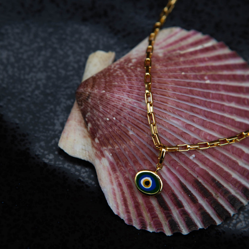 Hugo Square Paperclip Chain Necklace Gold with Evil Eye Charm