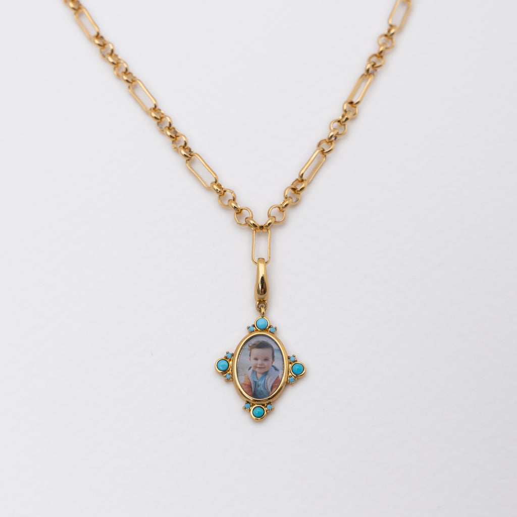Olivia Paperclip Necklace Gold - Front View with Custom Jean Photo Charm