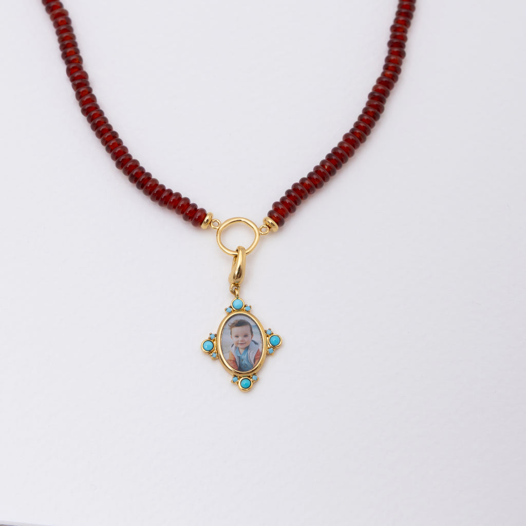 Sienna Red Agate Circle Necklace Gold - Front View with Jean Portrait Pendant