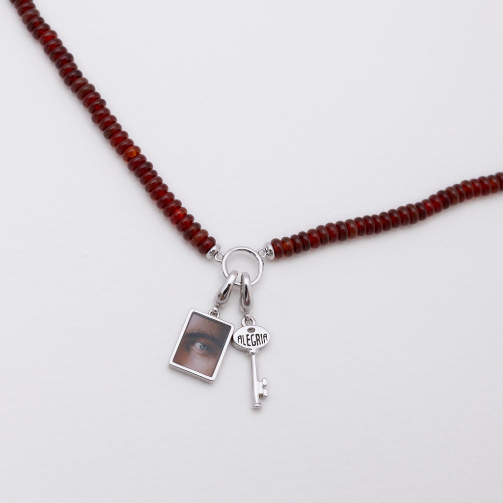 Sienna Red Agate Circle Necklace Silver - Front View with Mona Portrait Pendant and Key Charm
