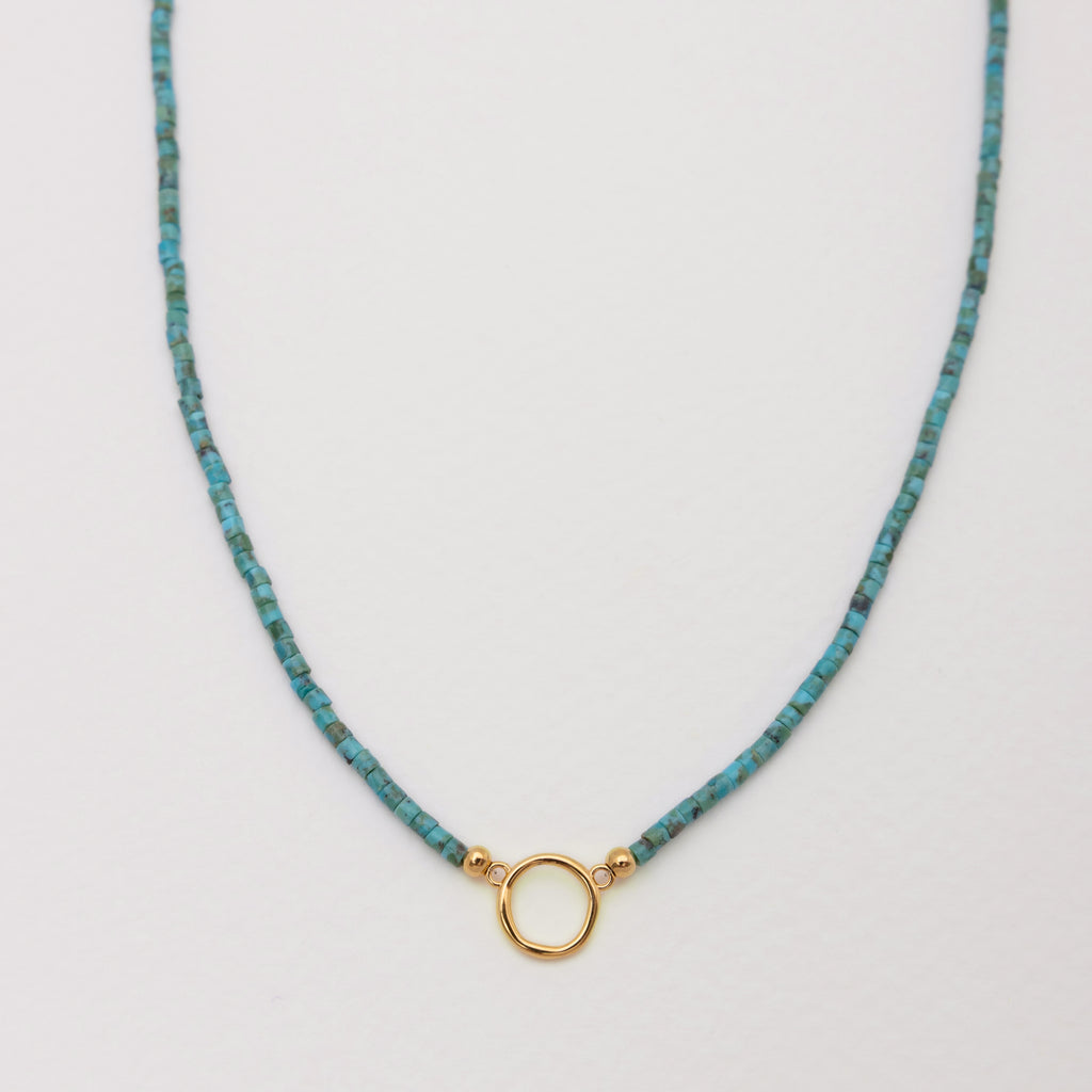 Raiz Alba Turquoise Beaded Necklace Gold with Circle - Front View