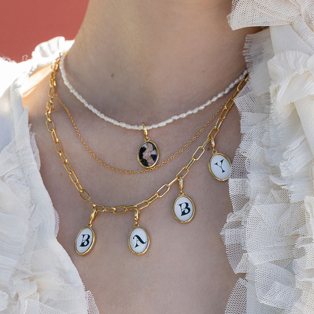 dainty pearl charm necklace and personalized gold paperclip necklace